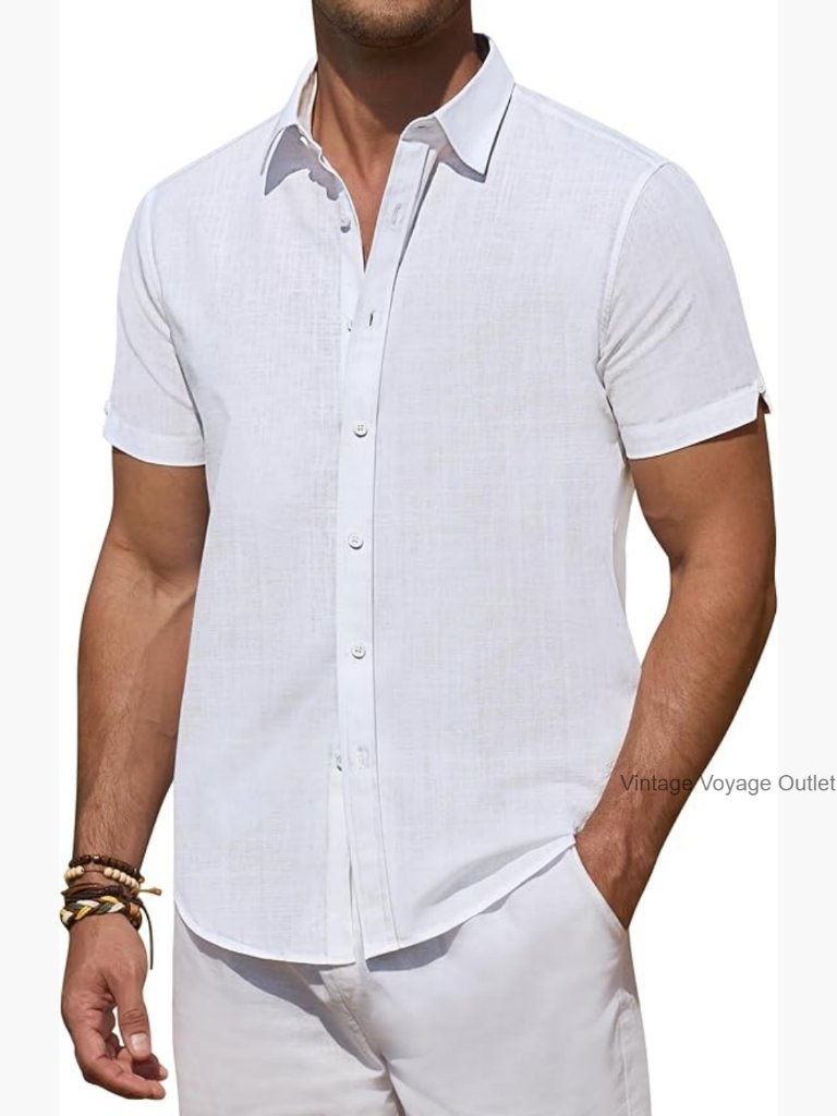 Men's Linen Short Sleeve Button Down Shirt Summer Casual